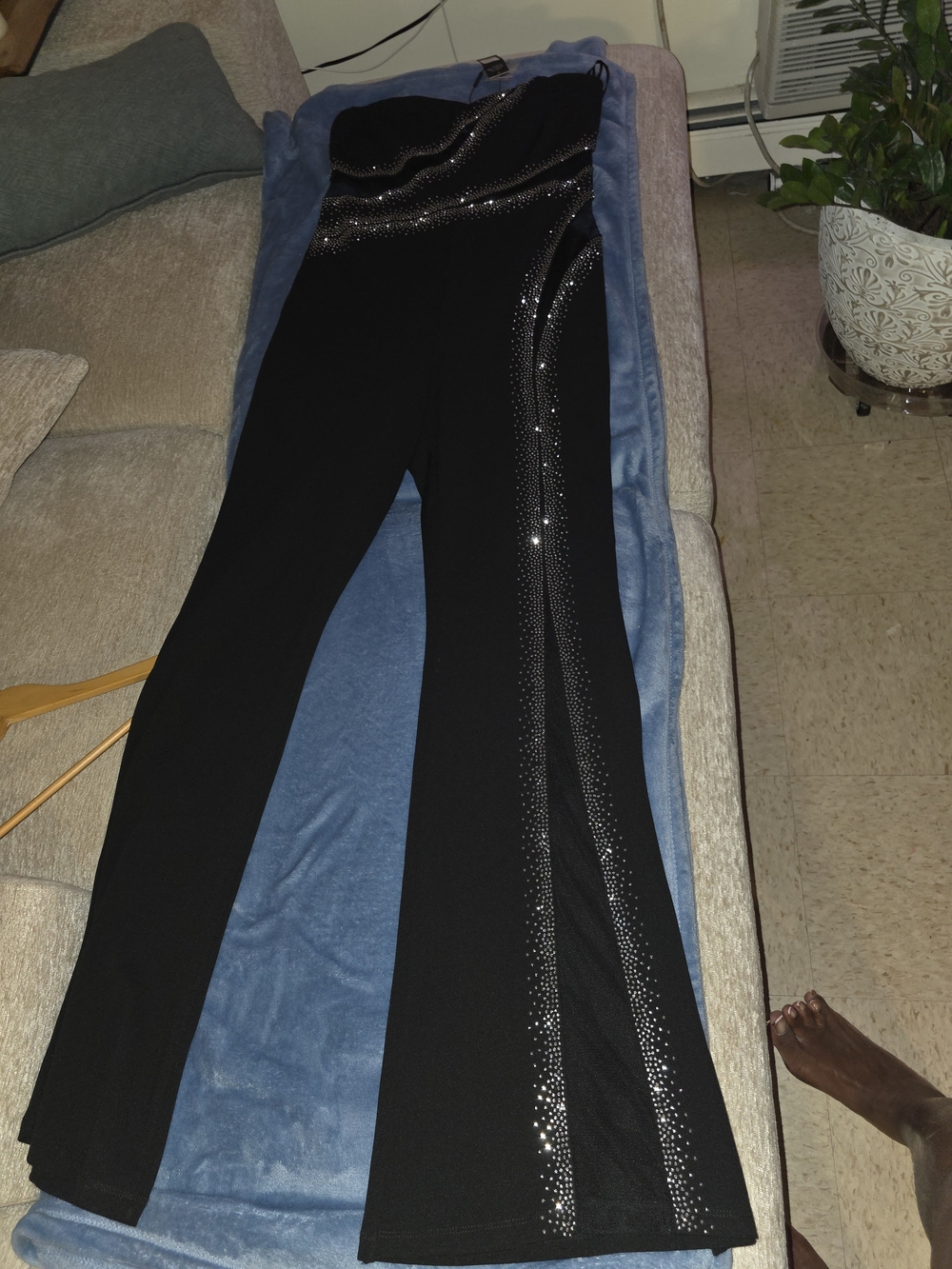 Fashion Nova Black Flared Jumpsuit Pants with Rhinestone Trim